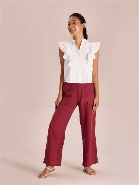 Women Solid Bright Maroon Linen Cargo Pant