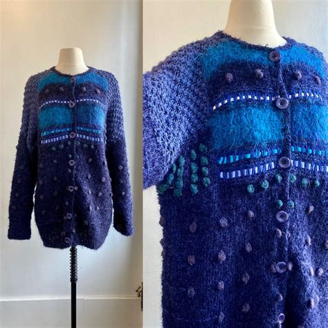Vintage 80s Cardigan / HANDWOVEN Knit / MOHAIR Wool + Popcorn Bobble ...