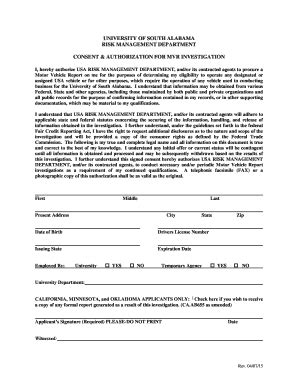 Fillable Online southalabama MVR Consent and Authorization Form ...