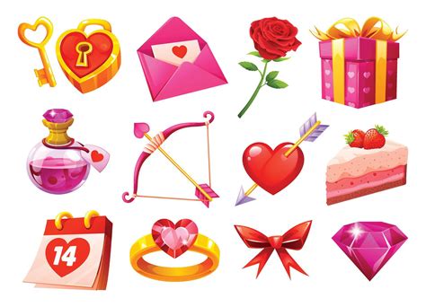 Valentine's Day symbols including gifts, hearts, and love items like cake and flowers. cartoon ...