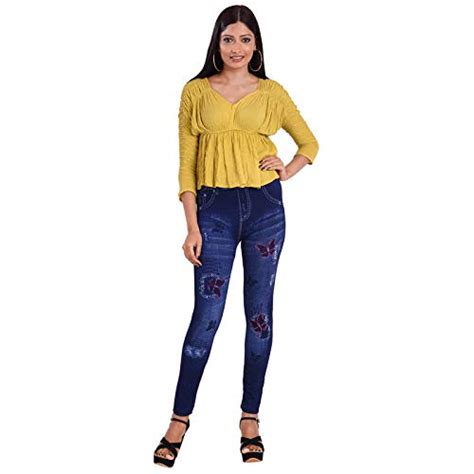 Buy KIYASHI Fancy Butterfly Stretchable Denim Blue Jeggings for Women's ...