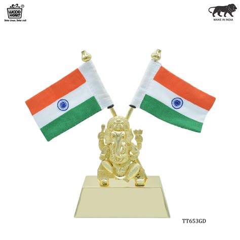 Dual Indian Flag Stand with Golden Lord Ganesha Idol – Gold Finish ...