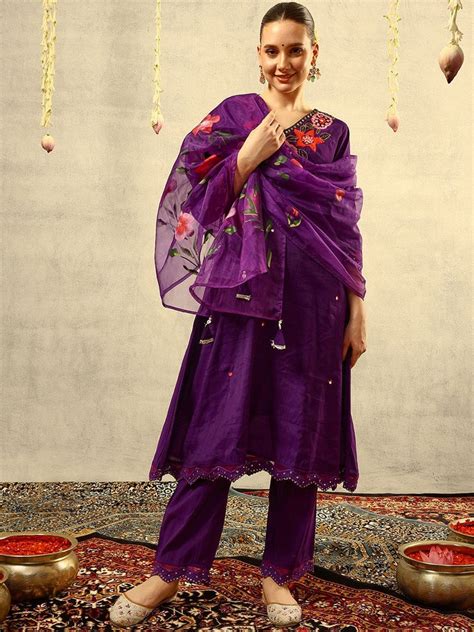 Mirror & Thread Embroidered Festive Kurta With Trouser & Dupatta Kurta ...