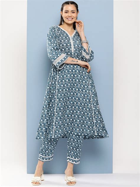 Shop Bhama Couture Blue Floral Print A-Line Kurta With Lace Details ...