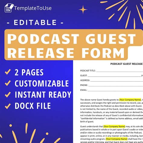 Podcast Guest Release Form, Podcast Guest Agreement, Contract, Editable ...