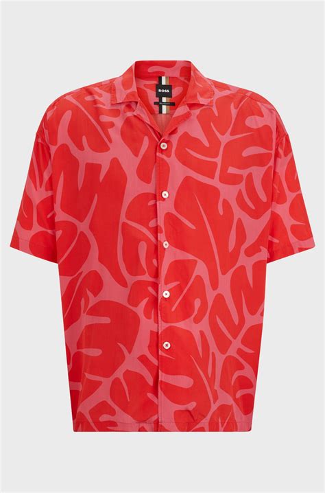 BOSS - Relaxed-fit shirt in seasonal print with camp collar - Red