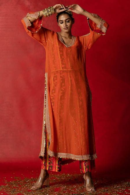 Buy Orange Kurta Organza Printed And Embroidered Floral & Aari Work ...
