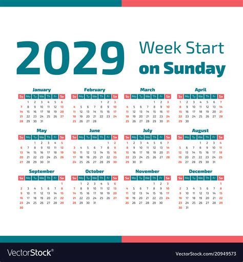 Simple 2029 year calendar Royalty Free Vector Image