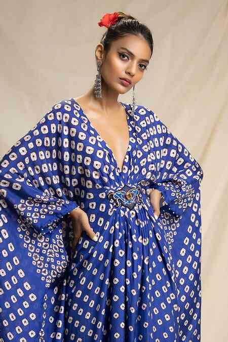 Buy Blue Silk V Neck Bandhani Print Kaftan For Women by Rajdeep Ranawat ...