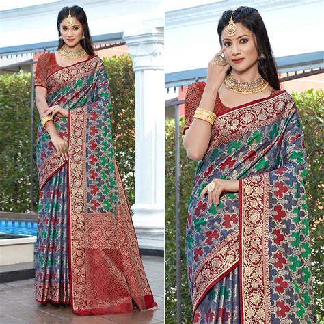 Blue Floral Woven Art Silk Saree