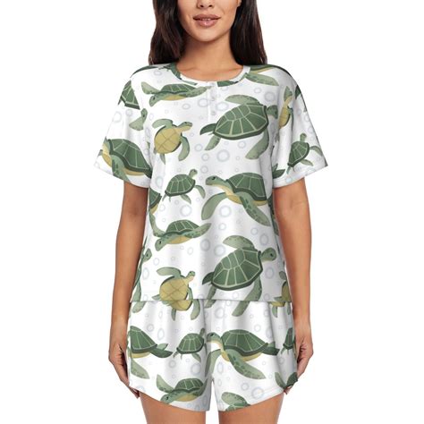 Naloa Cute Turtle Women's Short-Sleeved Pajama Set, Loungewear, Summer ...