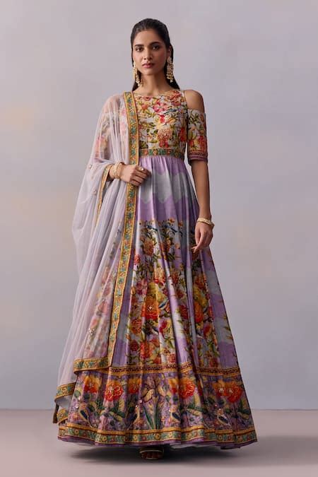 Buy Purple Tulle, Viscose Zareen Gullista Print And Embellished ...