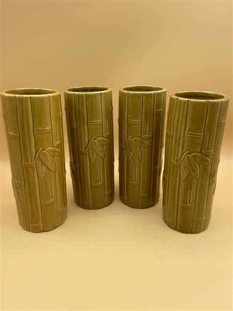 Set of 4 Tan Bamboo Vintage Tiki Bar Mugs Hawaiian Cocktail Cup ...