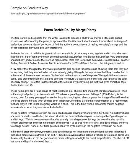 ⇉Poem Barbie Doll by Marge Piercy Essay Example | GraduateWay