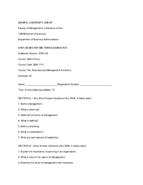BBA 1101 Final Exam Sample Paper - Business & Management Functions ...