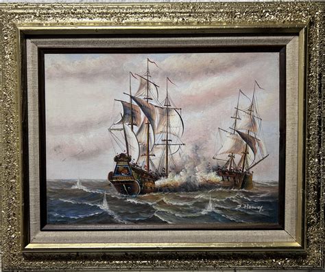 J.Harvey - J.Harvey Oil painting on canvas, SHIPS BATTLE AT SEA, Signed, Framed For Sale at 1stDibs