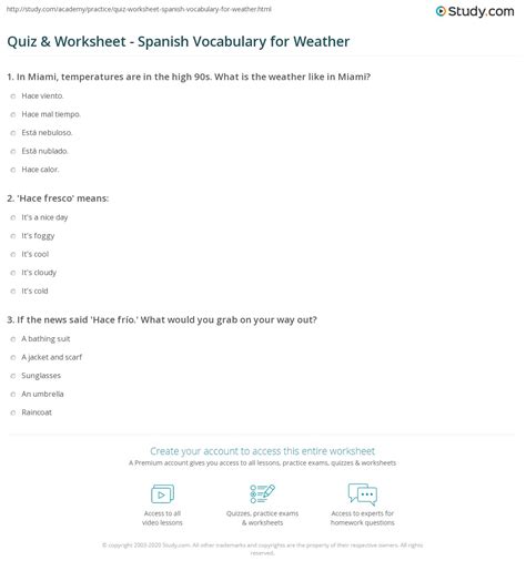 Quiz & Worksheet - Spanish Vocabulary for Weather | Study.com
