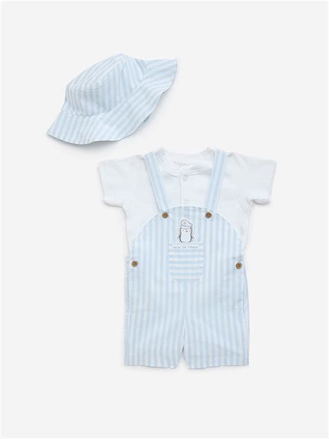 Buy HOP Baby Light Blue Striped Cotton Dungaree, T-Shirt and Bucket Hat ...