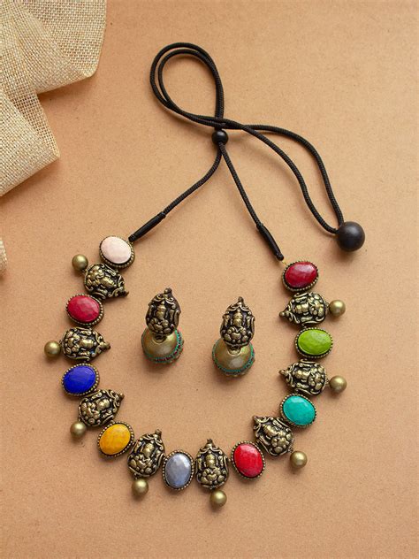 Navaratna Design Antique Gold Ganesha Stones Colour Handmade Terracott ...