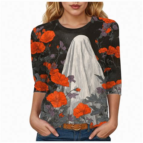 Godom Halloween Shirts Women Ghost Graphic Tees 3/4 Sleeve Fall Pumpkin ...