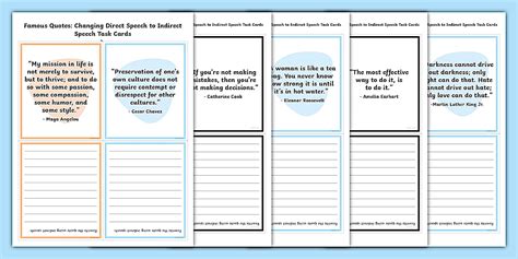 Famous Quotes: Changing Direct Speech to Indirect Speech Task Cards