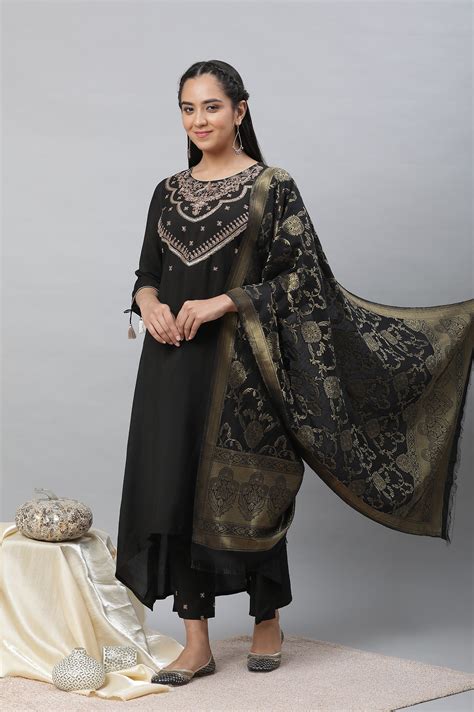 Buy Black Zari Embellished Kurta Pants Dupatta Set Online for Woman ...