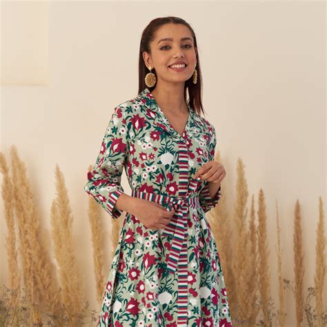 Buy Sea Green Floral Collar Shirt Dress with Flared Hem | Rustorange