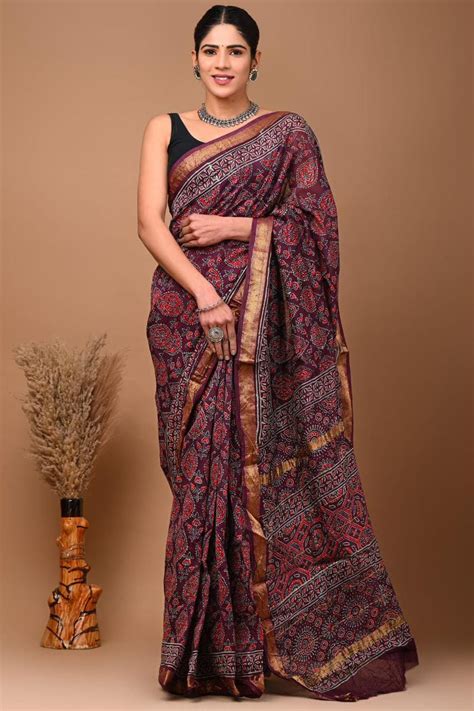 Ajrakh Print Maheshwari Silk Saree with Gold zari Border – RKG SHOPPING