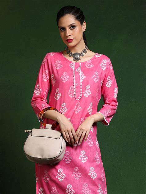 Floral Embroidered Straight Pure Cotton Kurta - Jaipur Kurti