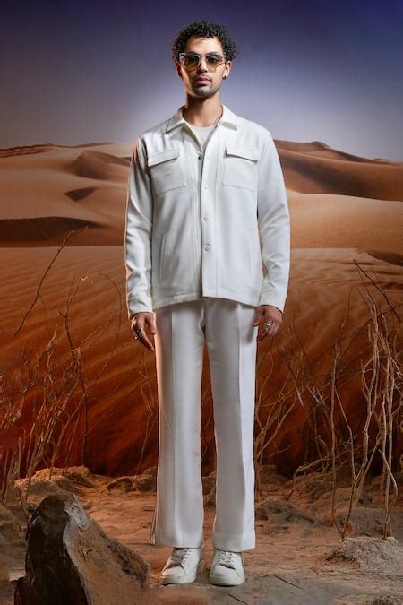 Buy White Banana Crepe Solid Jacket And Trouser Set For Men by Asuka ...