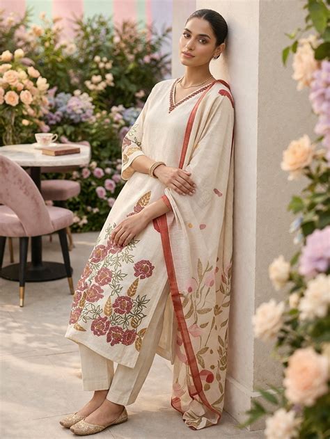 Neerus White Floral Thread Embroidered Cotton Straight Suit Set - Kurta ...