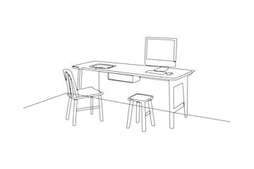 Single one line drawing office workstation furniture interior concept ...