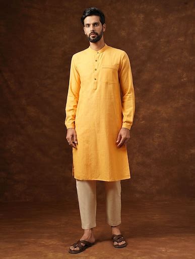 Shop Jaypore Men Yellow Cotton Regular Fit Kurta for Men Online 39630335