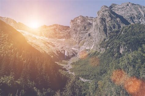 Closeup view mountains scenes in national park dombai, caucasus, russia ...