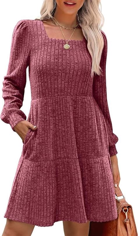 QINCAO Womens Long Sleeve Sweater Dresses Square Neck Babydoll Fall ...