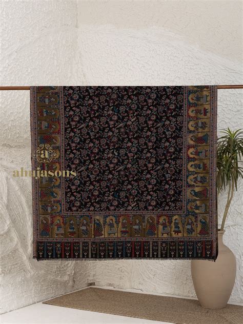 Black Women Woollen Shawl with Kaani Zari Jaal Pattern - Ahujasons