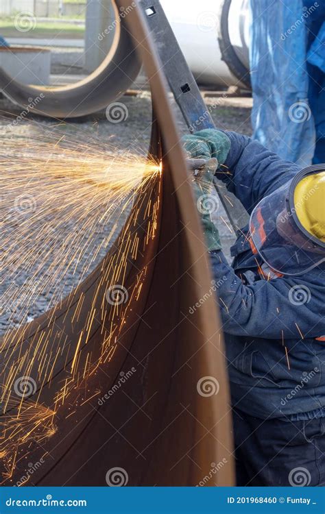 The Worker is Cutting To Metal Plate with Manual Flame Cutting Process ...