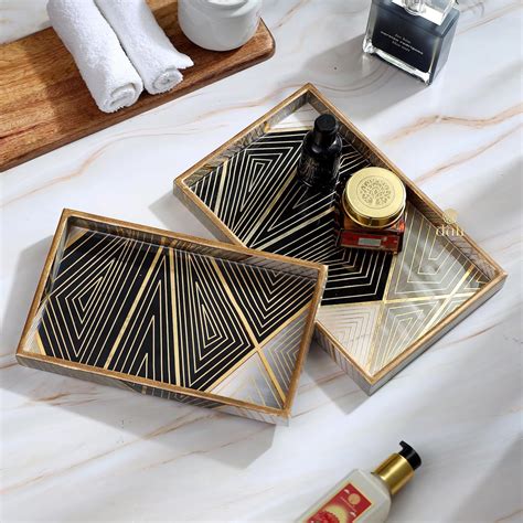 DULI Set of 2 MDF Wood Square Trays Enamel Coated|Rectangle Trays Set ...