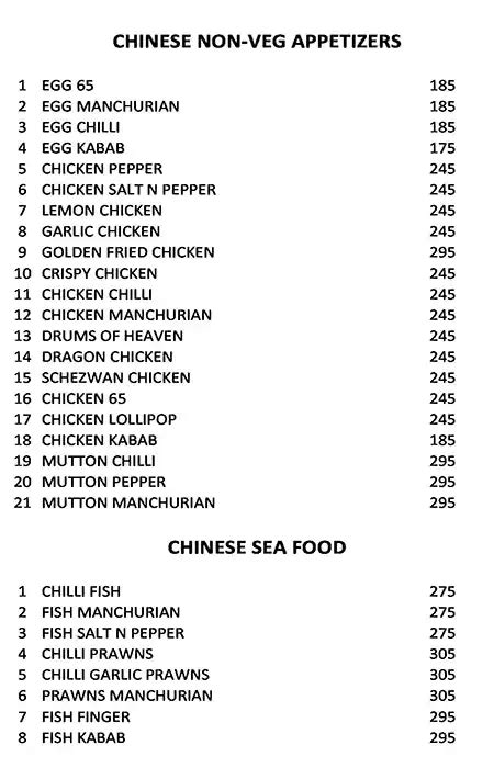 Menu at Indian Zaika, Bengaluru