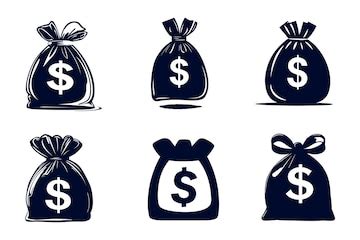 Various styles of money bags with dollar signs shown in a simple ...