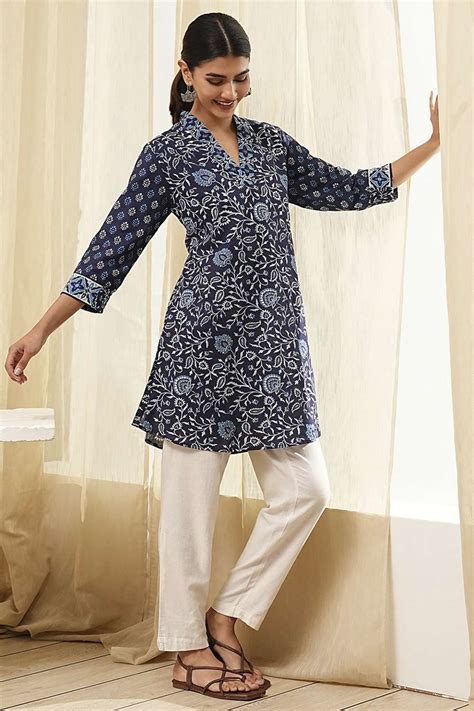 Buy Indigo Cotton Floral Straight Short Kurta Online at Biba India