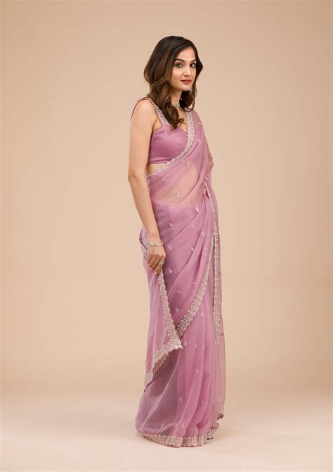 Buy Lavender Silver Stonework Tissue Saree - Koskii