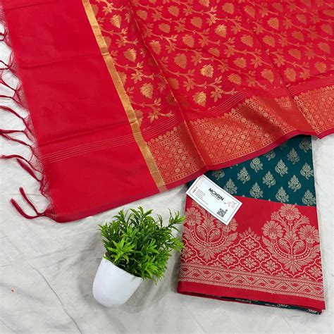 Teal and Red Podha Satin Silk Banarasi Suit – Mohsin Textiles