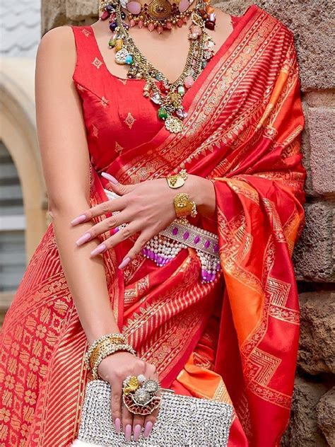 Buy Orange Zari Weaving Wedding Wear Saree From Ethnic Plus