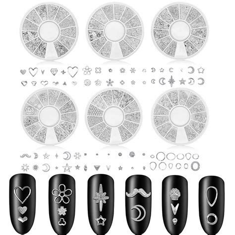 Buy Nail Art Decals 3D Metal Nail Studs Design Decor 6 Boxes Nail Art ...