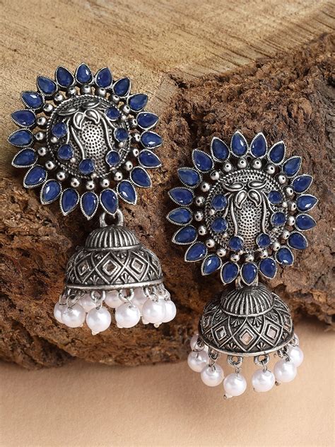 KARATCART Oxidised Silver Kundan Jhumki Blue Earrings for Women