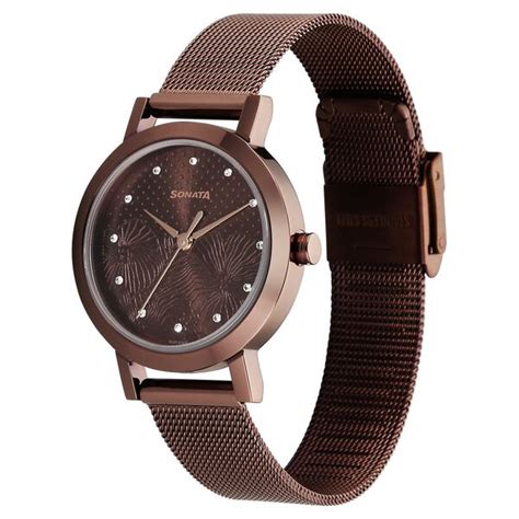 Buy Online Sonata Quartz Analog Brown Stainless Steel Strap for Women ...