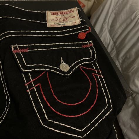 size 40 True Religion black jeans with red and... - Depop
