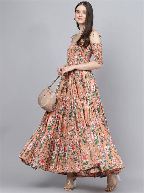 Divena Peach Floral Printed Shoulder Strips Flared Long Dress – divena ...