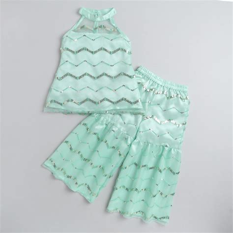 Taffykids embroidered halter neck ethnic kurta and sharara set-Turquoi ...